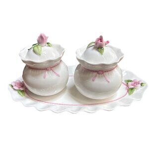 Vintage Victorian Capodimonte Pink Rose Hankook Bone China Sugar Bowls  w Tray